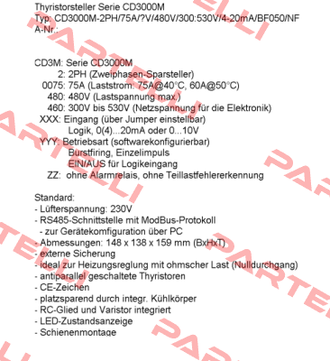 CD3000M 2PH/75A/480V/480V/300:530V/4-20mA/BF008/NF/IM CD AUTOMATION