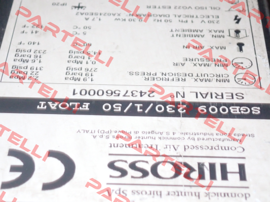 Type : SGB009 230/1/50 FLOAT  S/N: 2437560001 obsolete / SPE009-A2301DF16TIS alternative Hiross